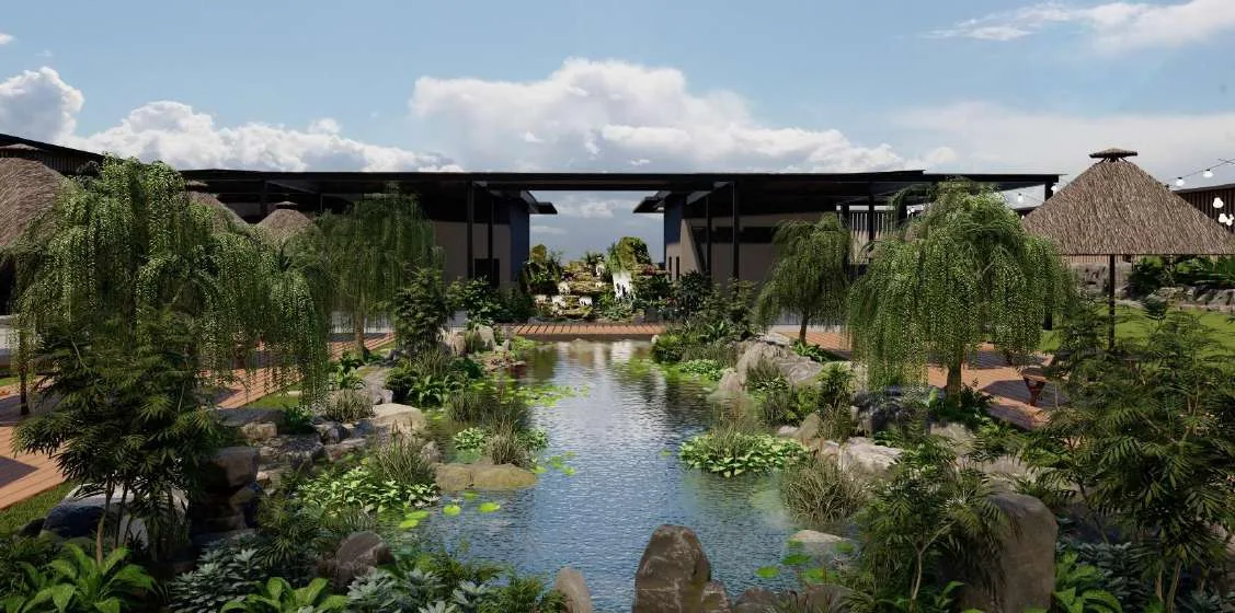 Render of the pond garden with willows and boulders at Segi Fresh HQ